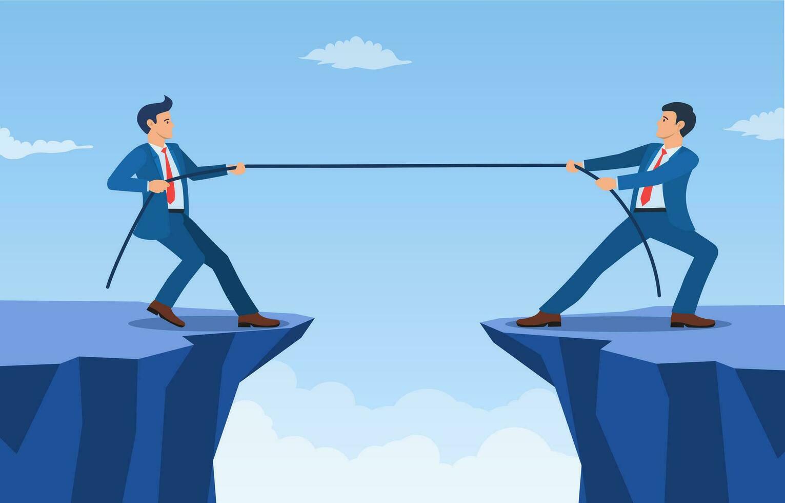 Two Businessmen Pulling Opposite Ends of Rope of cliff, Business Competition concept, symbol of rivalry, conflict. Tug of war. Vector illustration in flat style.