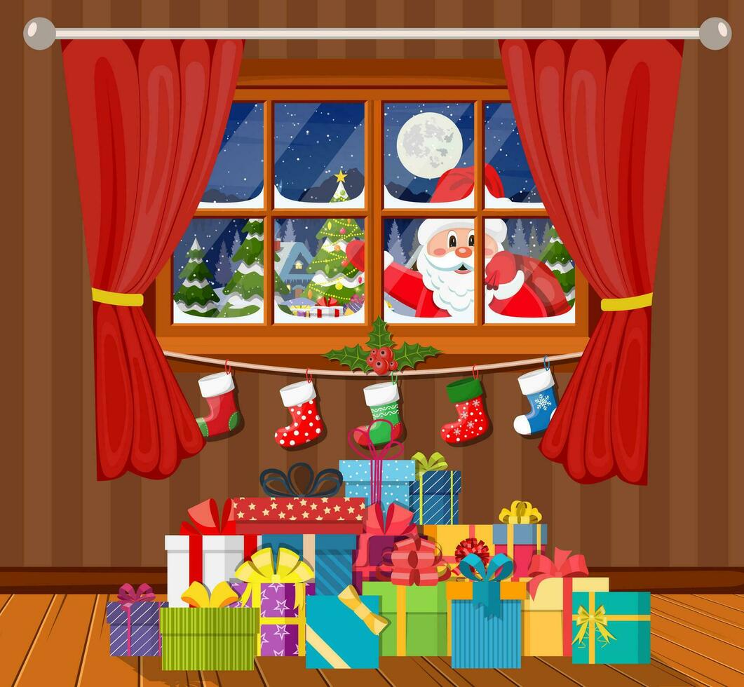 Santa claus and his reindeer looks in room window. vector