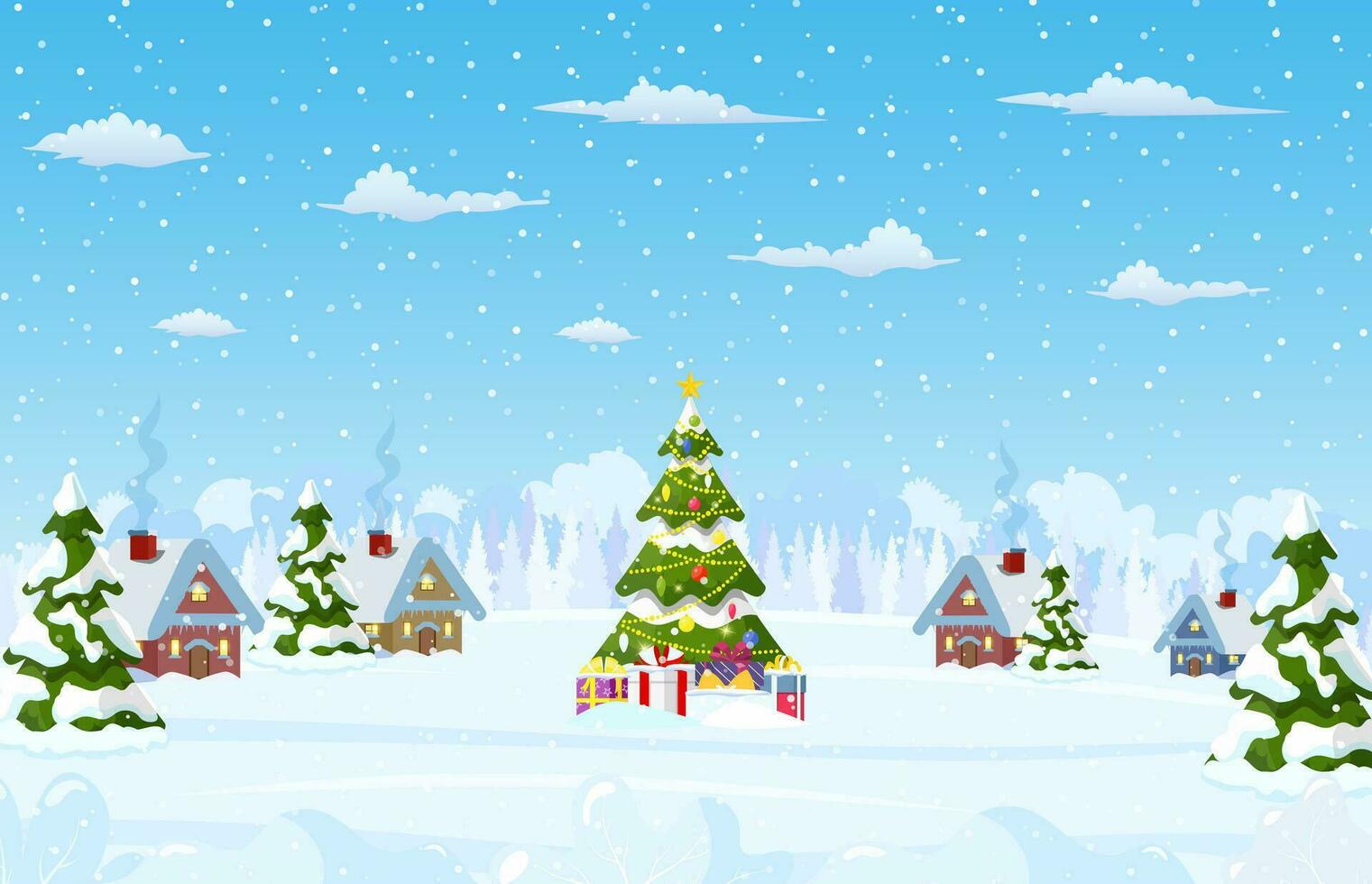 Christmas landscape background with christmas tree with gifbox. Merry christmas holiday. New year and xmas celebration. Vector illustration in flat style