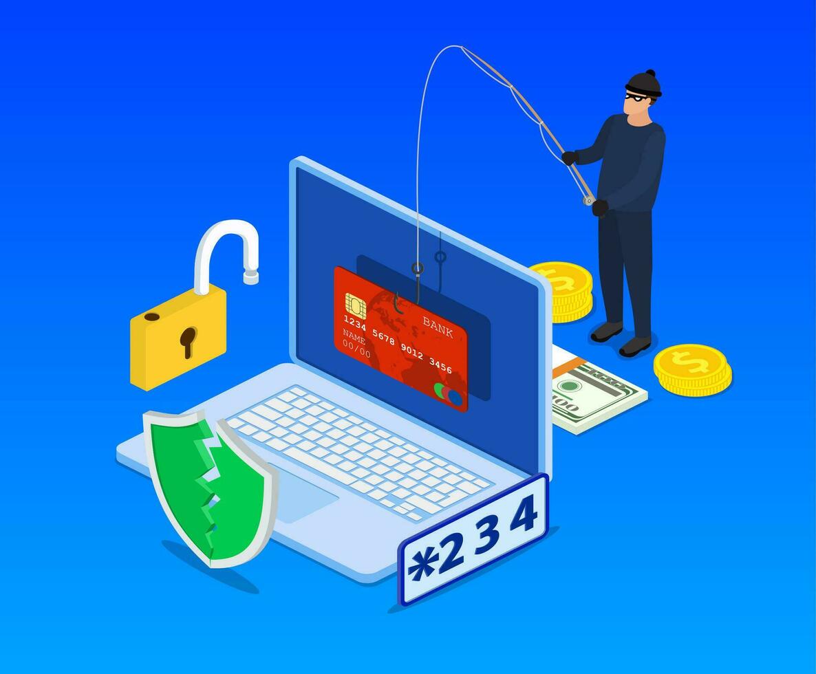 Internet phishing and hacking attack isometric concept. Email spoofing and personal information security background. internet attack on credit card. vector illustration in flat design.