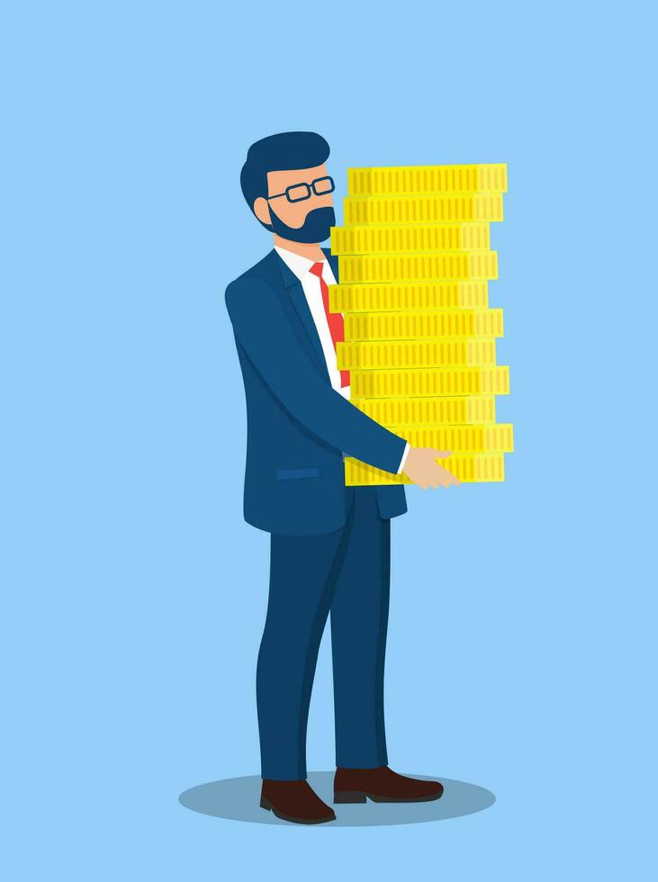 Happy businessman or manager carries big stack of gold coins money. Success in business or Wealth, banking, fortune, investment, achievement, graft concept. Vector illustration in flat style