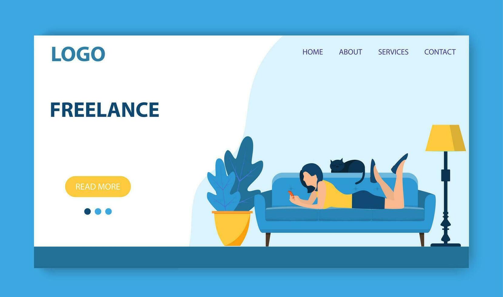 Freelance work landing page template. Concept design for poster, banner, flyer, web page. Woman using phone lying on sofa. Vector illustration in flat style