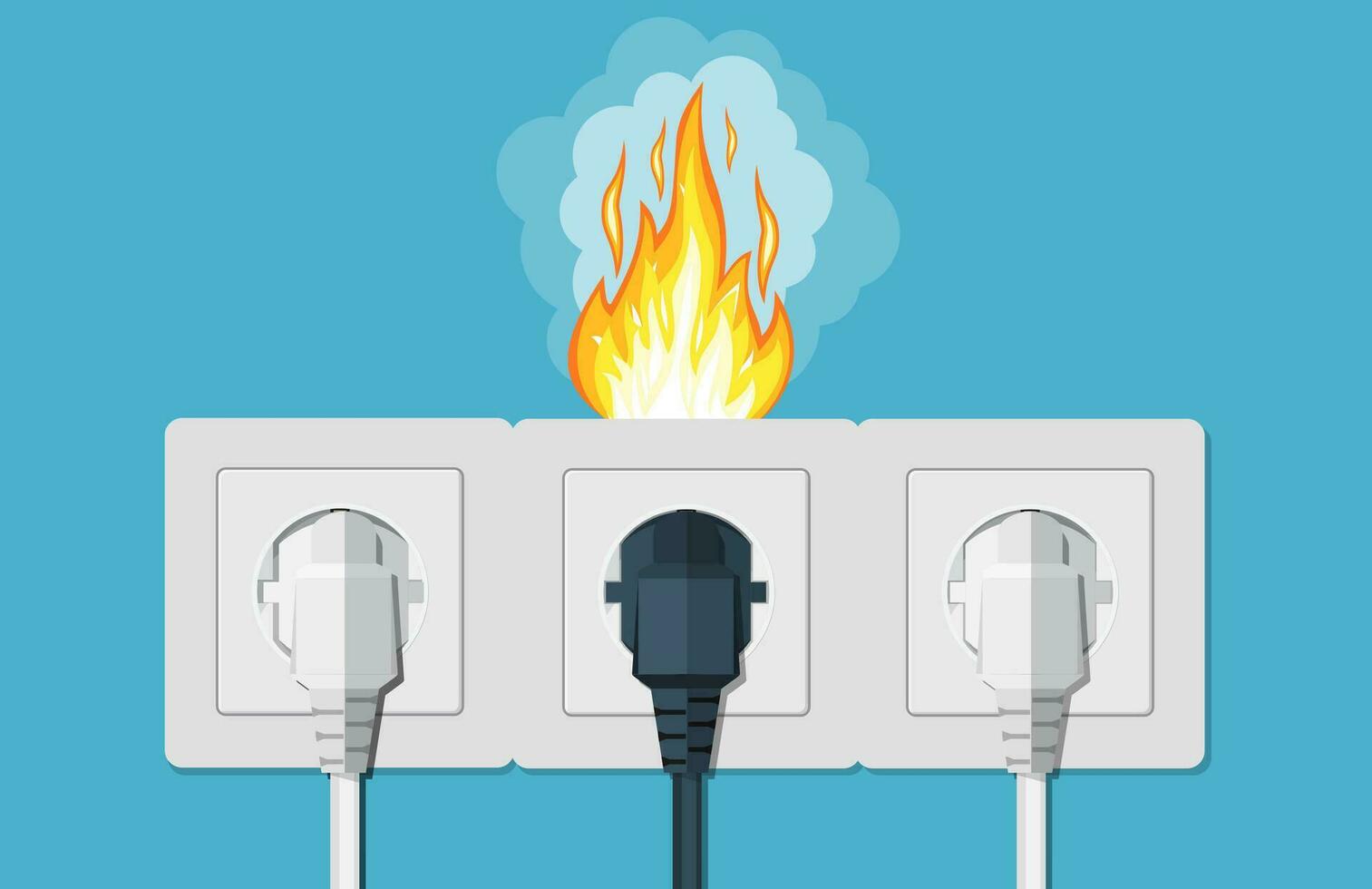 Fire wiring. Socket and plug on fire from overload. Electrical safety concept. Short circuit electrical circuit. Broken electrical connection vector
