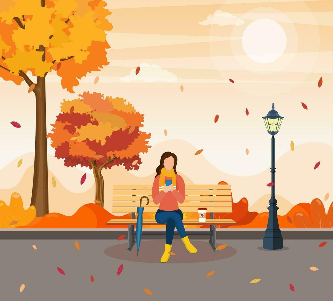 hermosa otoño ciudad parque con banco. mujer utilizando teléfono sentado en el banco en parque. Lanza libre o estudiando concepto. en línea educación. vector ilustración en plano estilo