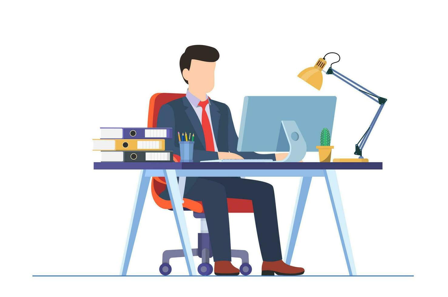 Businessman sitting at desk working on computer in office. Office worker working paperwork. Computer on table. Vector illustration in flat style