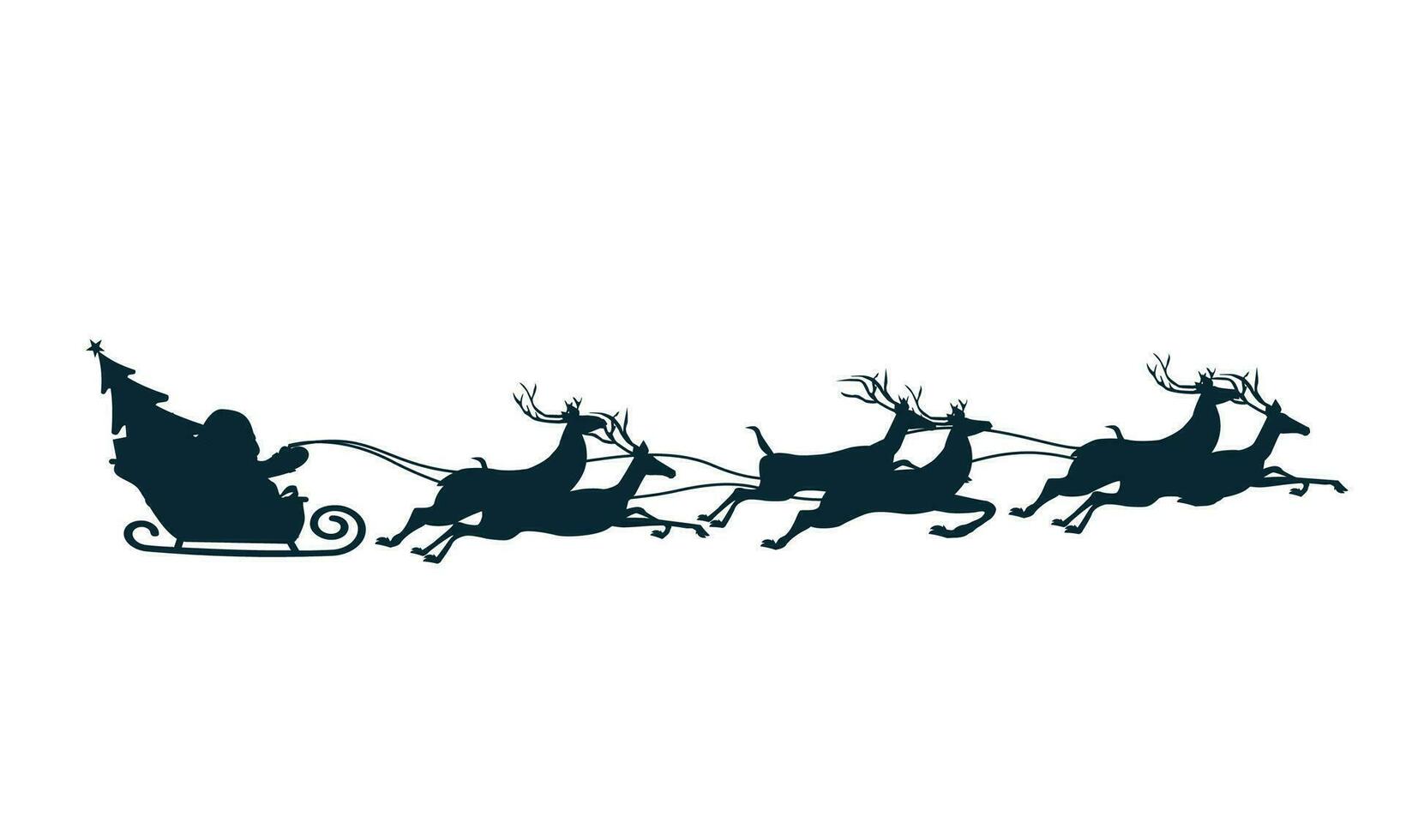 Silhouette of santa claus on sleigh full of gifts and his reindeers. Happy new year decoration. Merry christmas holiday. New year and xmas celebration. Vector illustration in flat style