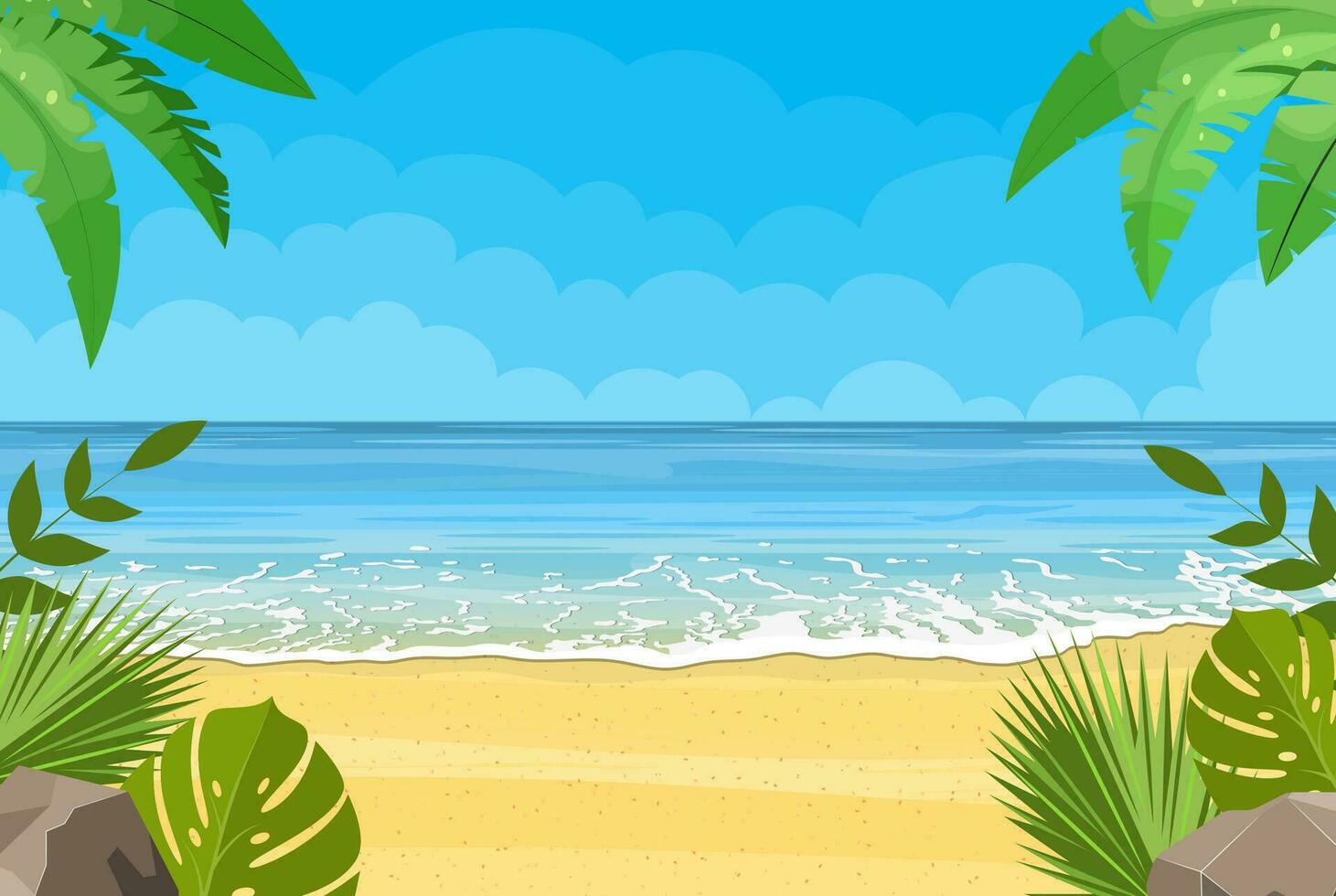 Tropical beach. Summer landscape. Sandy beach under the bright sun. Vector illustration in flat style