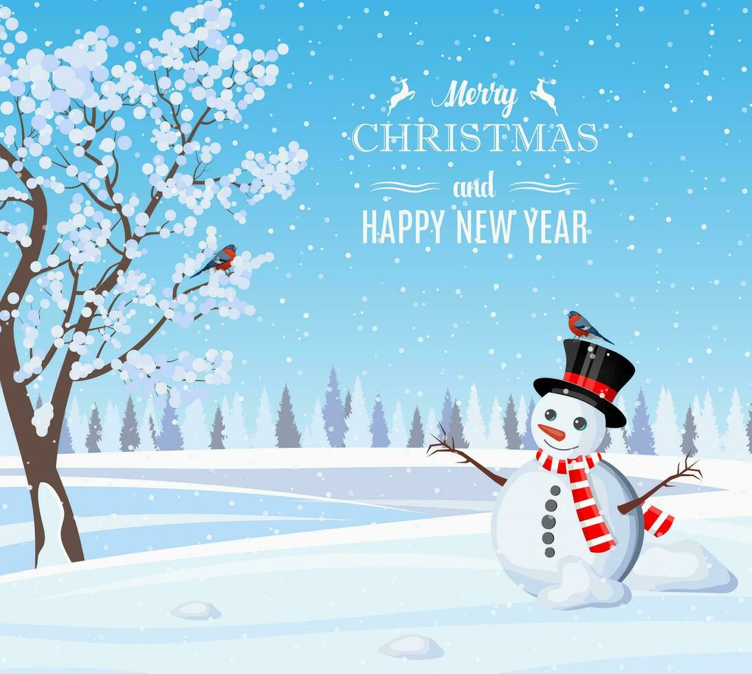 Winter landscape with cheerful snowman. Merry christmas holiday. New year and xmas celebration. Vector illustration in flat style