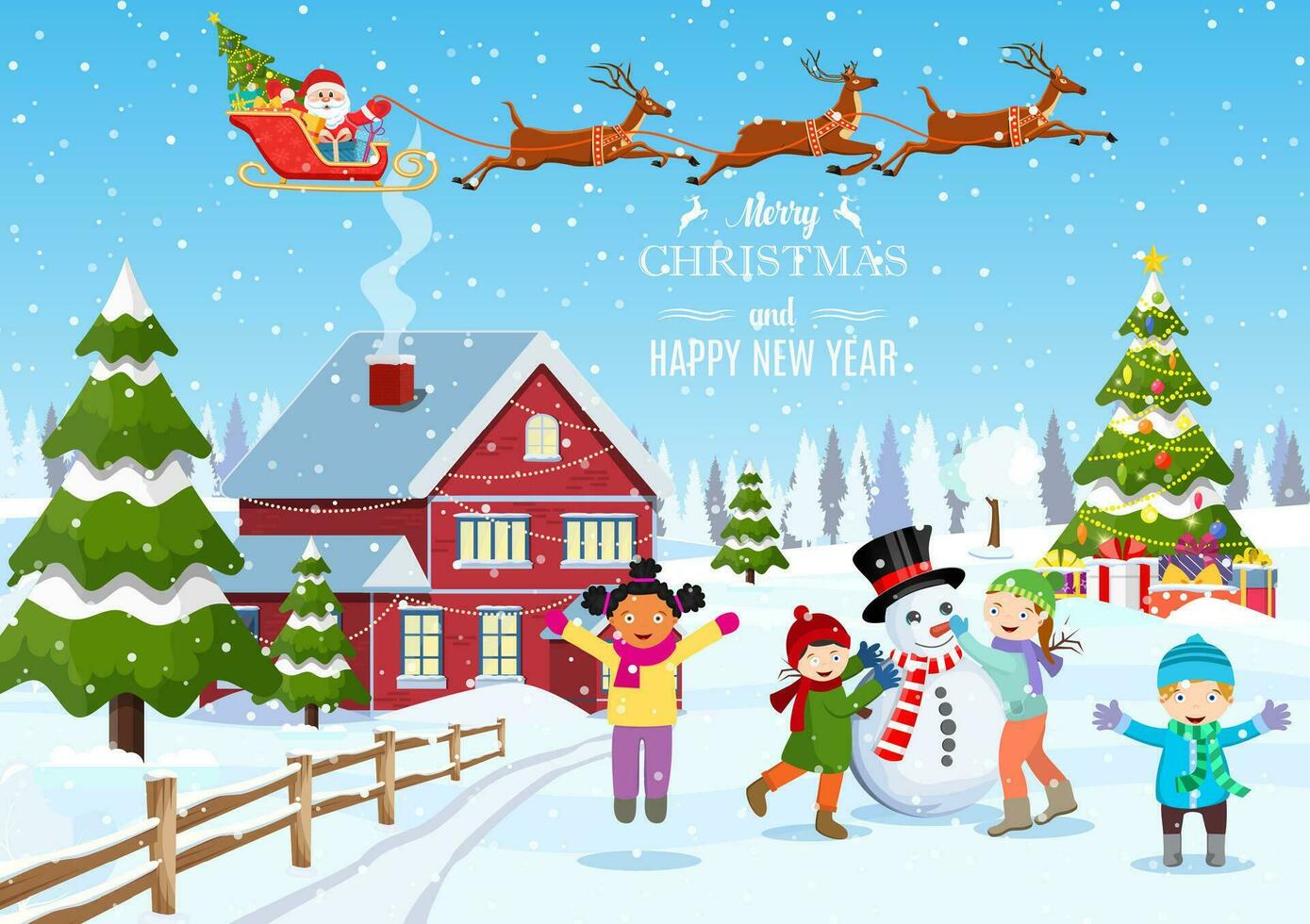 Suburban house covered snow. Building in holiday ornament. Christmas landscape tree spruce, snowman. Happy new year decoration. Merry christmas holiday. Children building snowman. Vector illustration