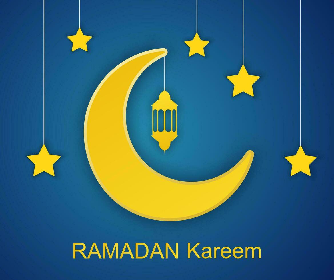 Ramadan Kareem posters or invitations design with 3d paper cut Arabic lamp, stars and moon. Vector illustration. Place for text
