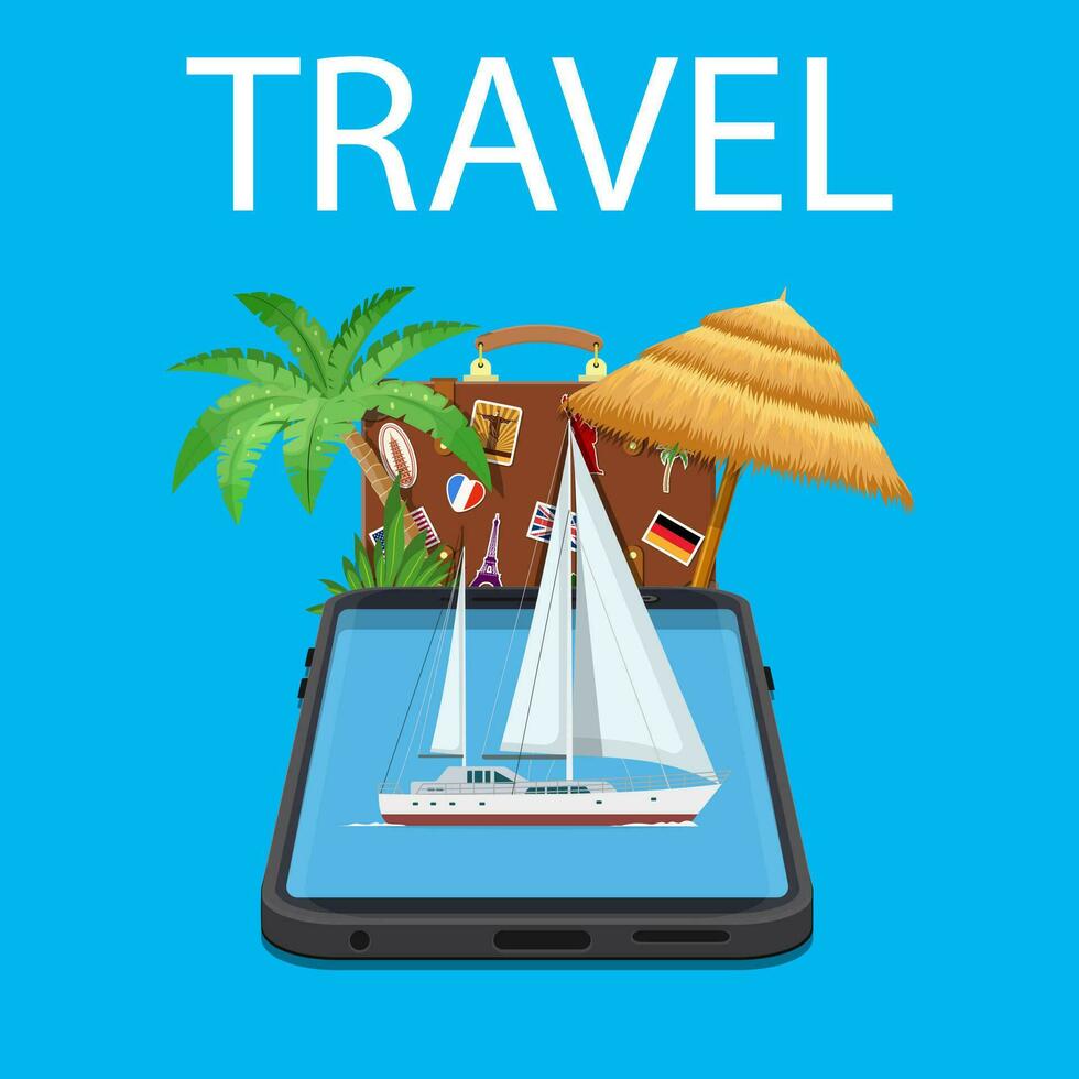 Online Holiday Travel Mobile App Concept. Suitable For Wallpaper, Banner, Background, Card, Book Illustration, Web And Landing Page Concept. Vector illustration in flat style