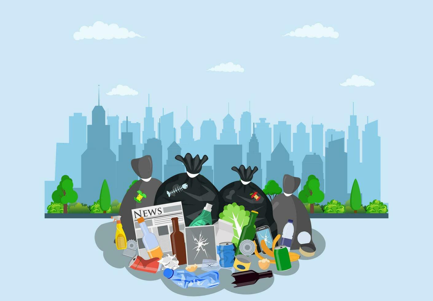 Steel garbage bin full of trash on street with city skyline. Garbage recycling and utilization equipment. Vector illustration in flat style