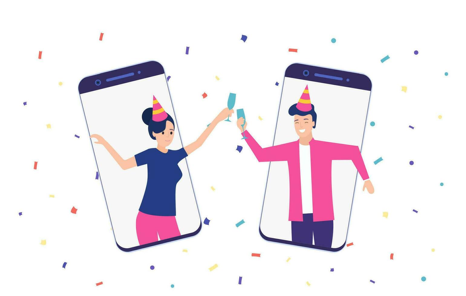 en línea fiesta, cumpleaños, reunión amigos. personas bebida vino juntos en cuarentena. vídeo charlar. cumpleaños fiesta web cámara y en línea celebrando el nuevo año. vector ilustración en plano estilo