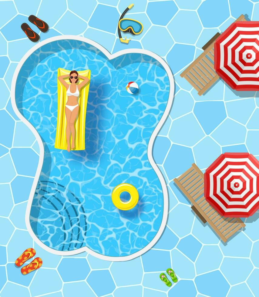 sexy girl lying on mattress, over water. beautiful girl air mattress swims in the pool of a luxury hotel, summer vacation, happiness, travel, top view. Vector illustration in flat style