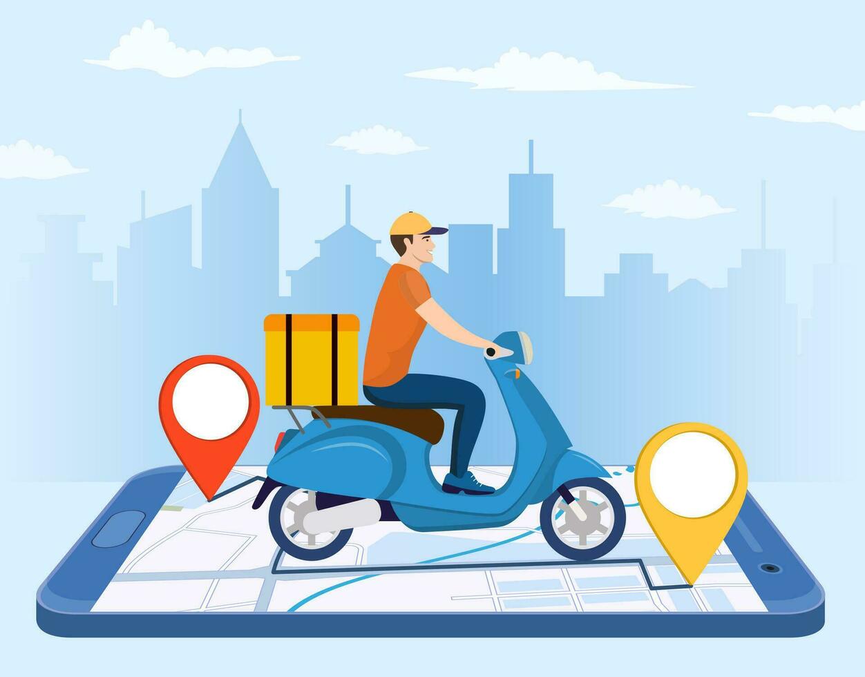 Online delivery service concept, online order tracking, delivery home and office. scooter courier. Isometric concept, goods shipping, food online ordering. Vector illustration in flat style