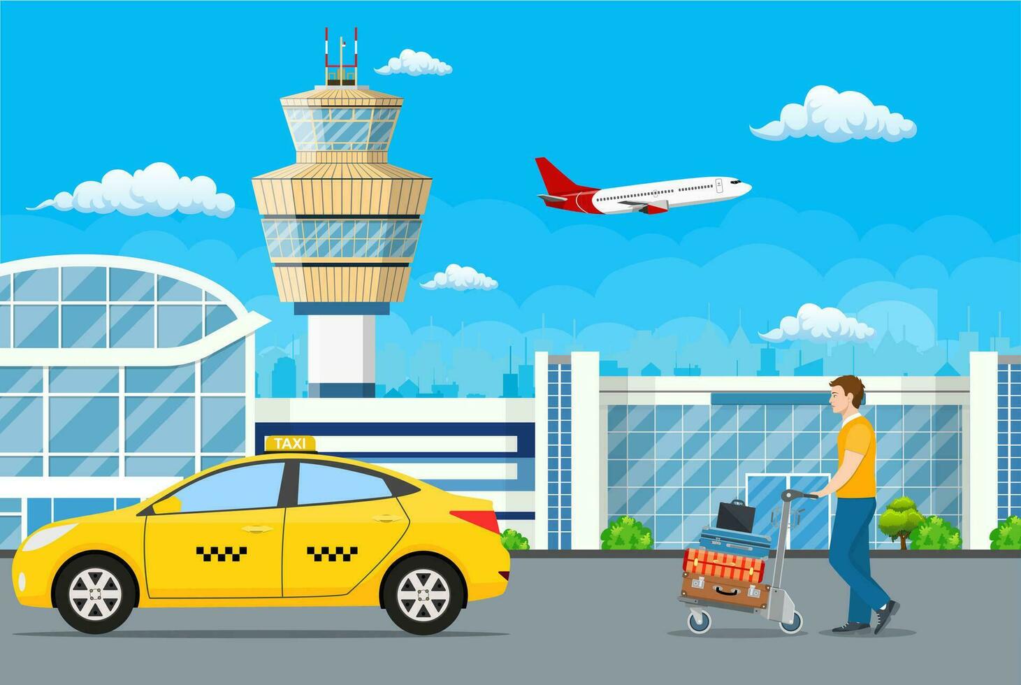 aeropuerto edificios, controlar torre, masculino con equipaje Vamos en embarque en un Taxi. vector ilustración en plano estilo.
