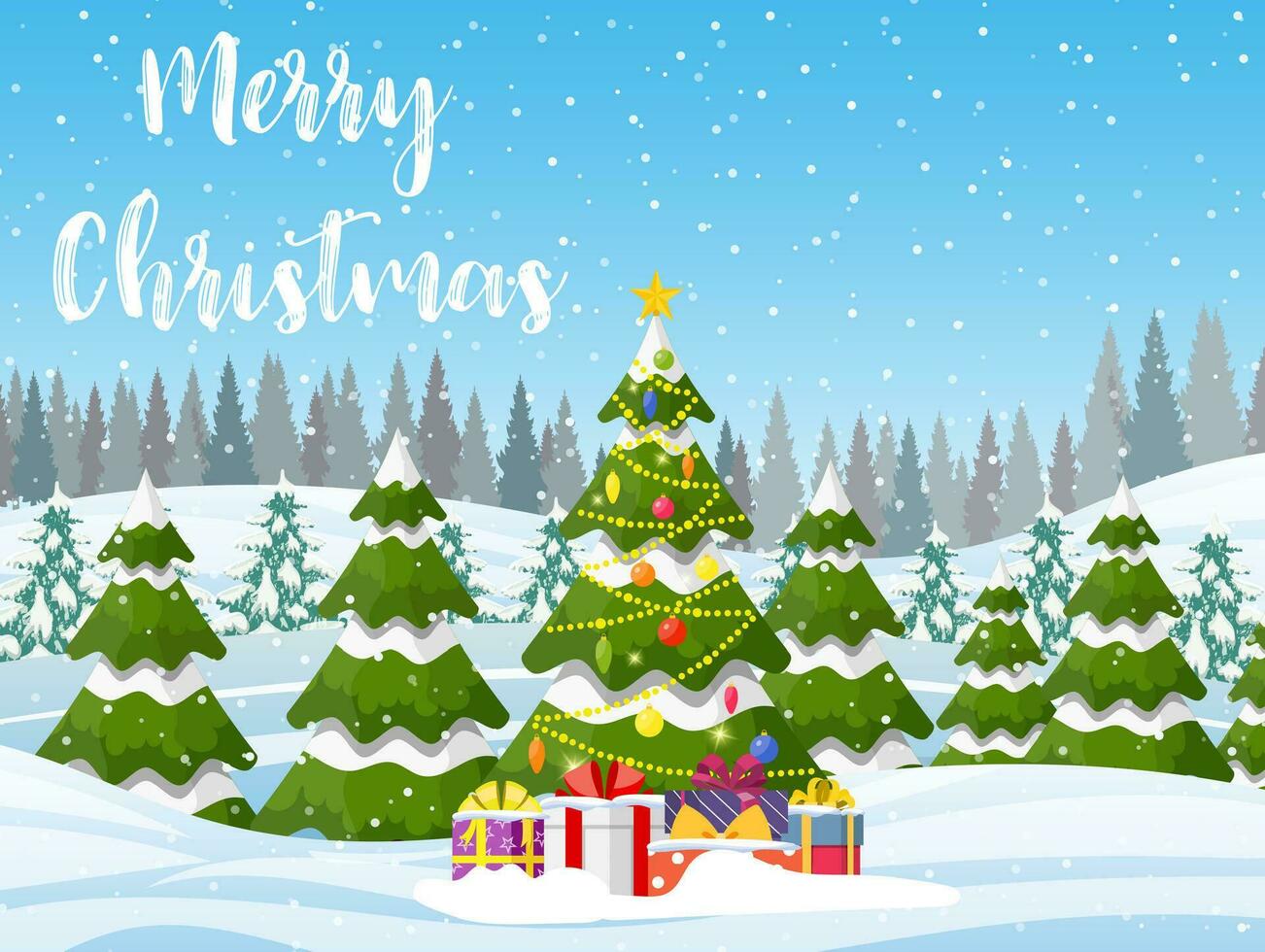 Christmas landscape background with snow and tree vector