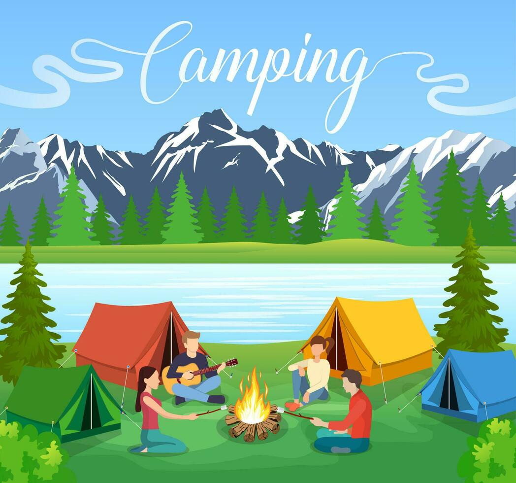 Group of young people are sitting around campfire. Young tourists, campers cartoon characters. Man playing guitar. Vector illustration in flat style