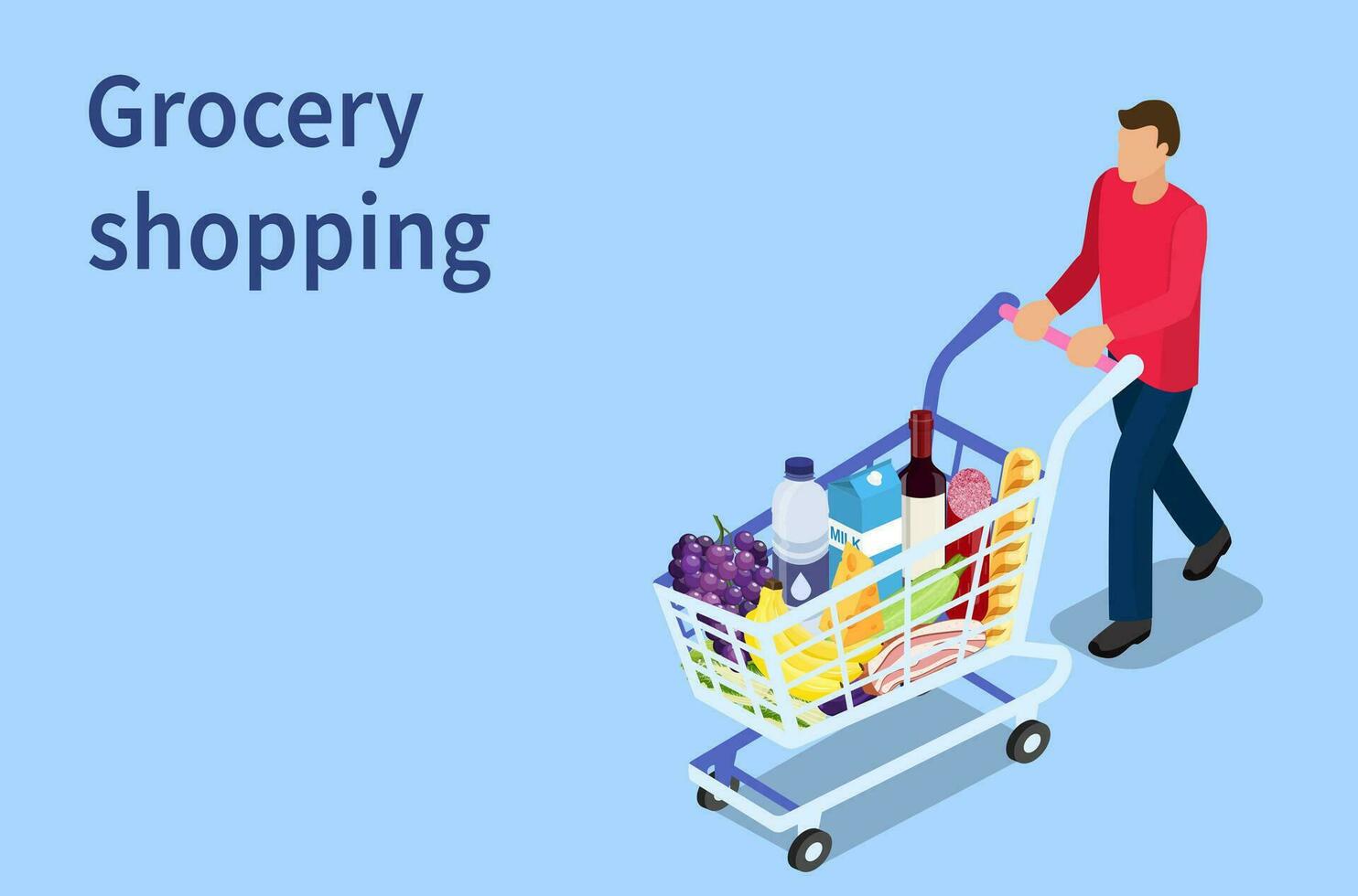 Isometric man with shopping cart. Shopping and Supermarket concept, Can use for web banner, infographics. Vector illustration in flat style