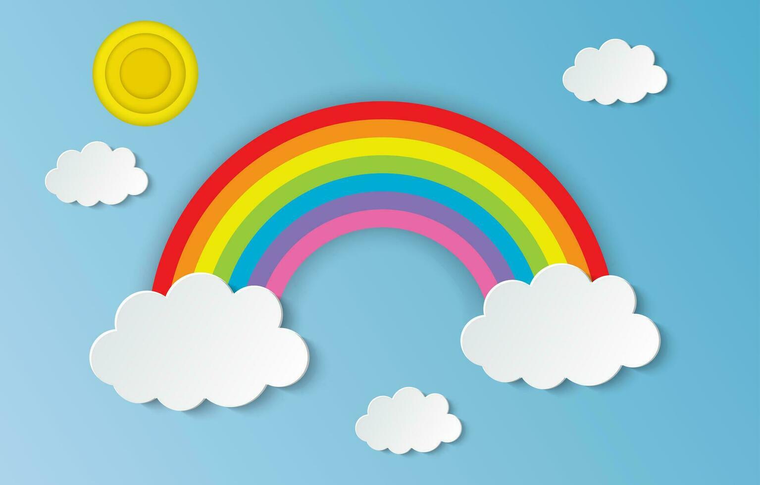 nube y arco iris en el azul cielo con papel Arte estilo el concepto es verano estación. antecedentes para niños dormitorio, bebé habitación decoración. vector ilustración