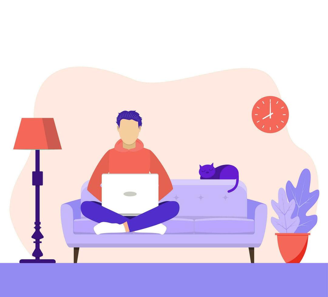 man with laptop sitting on the sofa. Freelance or studying concept. web page design template for online education, training and courses, learning, video tutorials. Vector illustration in flat style