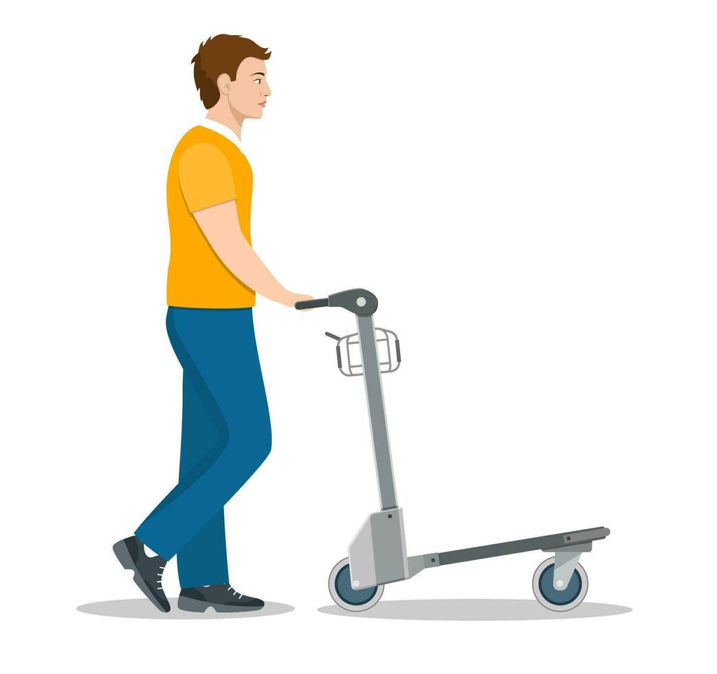 man pushing luggage cart with suitcases. male passenger in airport. male tourist with baggages arrival or departure. Vector illustration in flat style