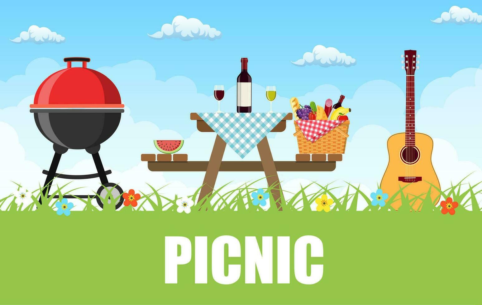 al aire libre picnic en parque mesa cubierto con tartán paño. picnic cesta lleno con comida en el silla. vector ilustración en plano estilo