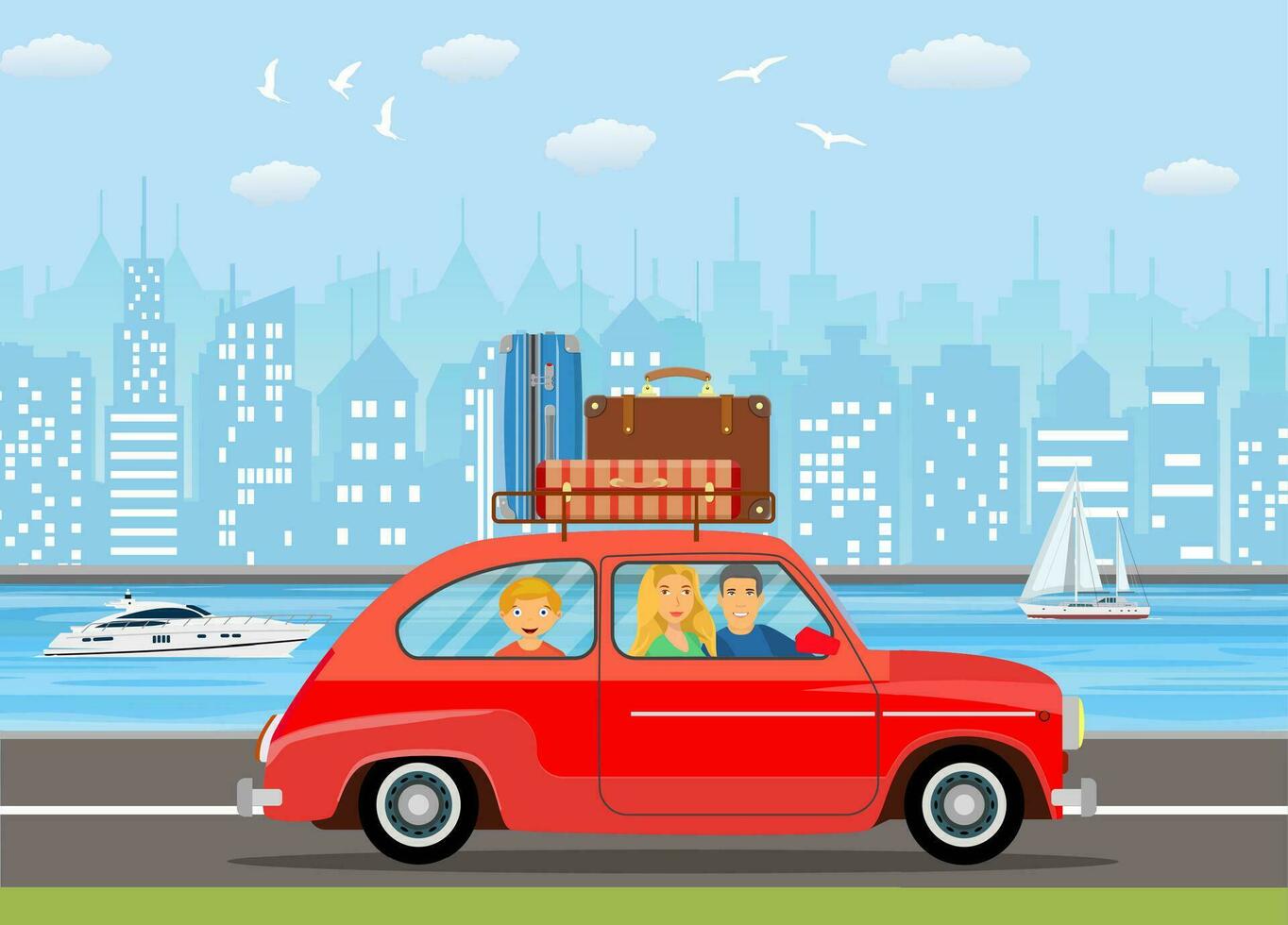 contento familia de viaje por coche vector