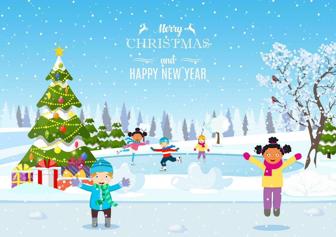 Happy new year and merry Christmas landscape card design with christmas tree. Winter scene with skating children. Children boy and girl on the winter ice-skating rink. vector illustration