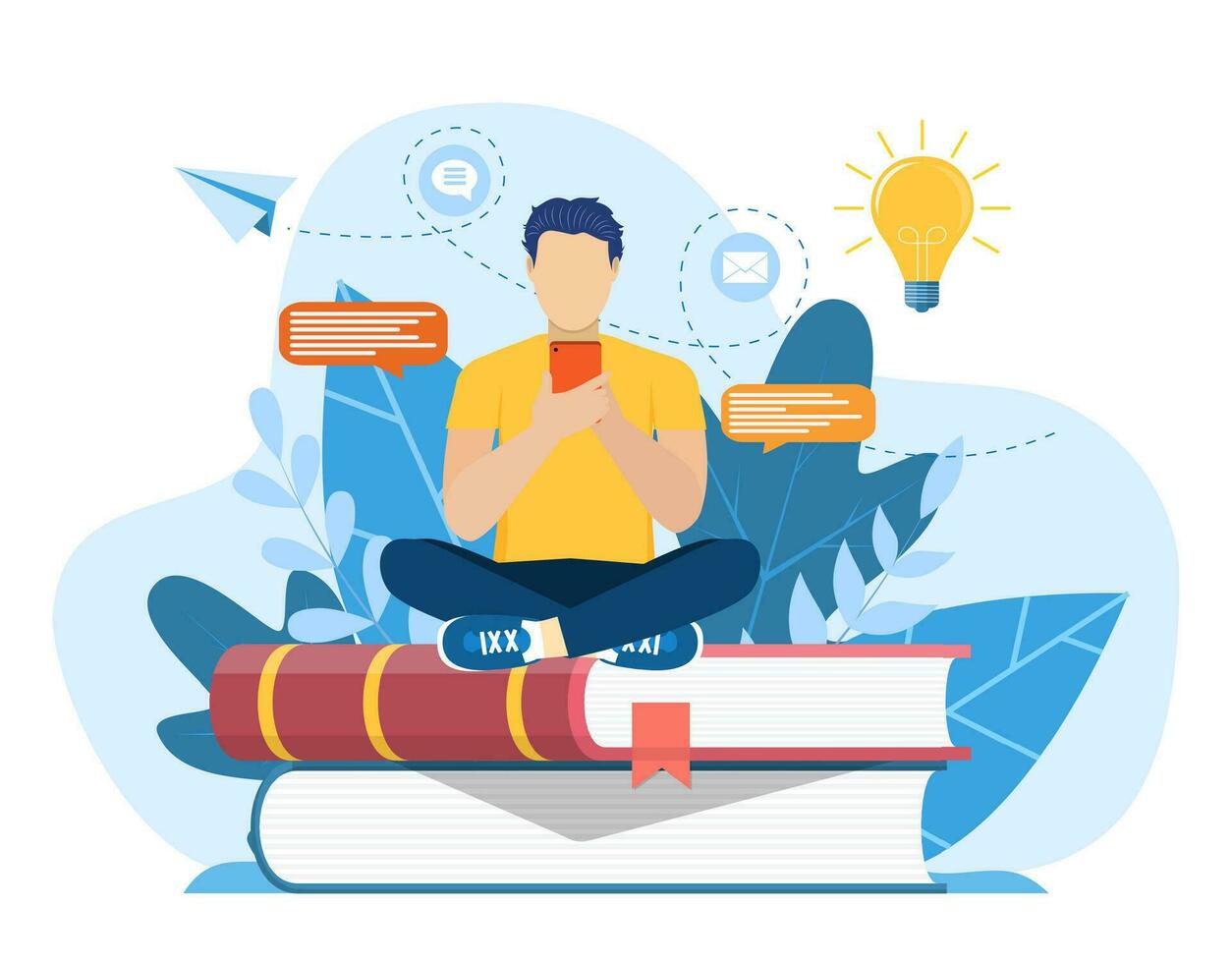 man sitting on pile of books. Concept illustration of online courses, distance studying, self education, digital library. E-learning banner. Online education. Vector illustration in flat style