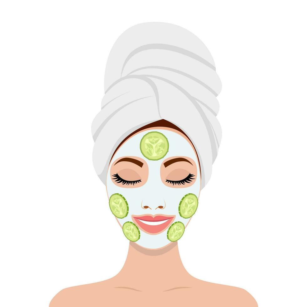 hermosa mujer con facial máscara de Pepino rebanadas en rostro. spa belleza y salud concepto. vector ilustración en plano estilo