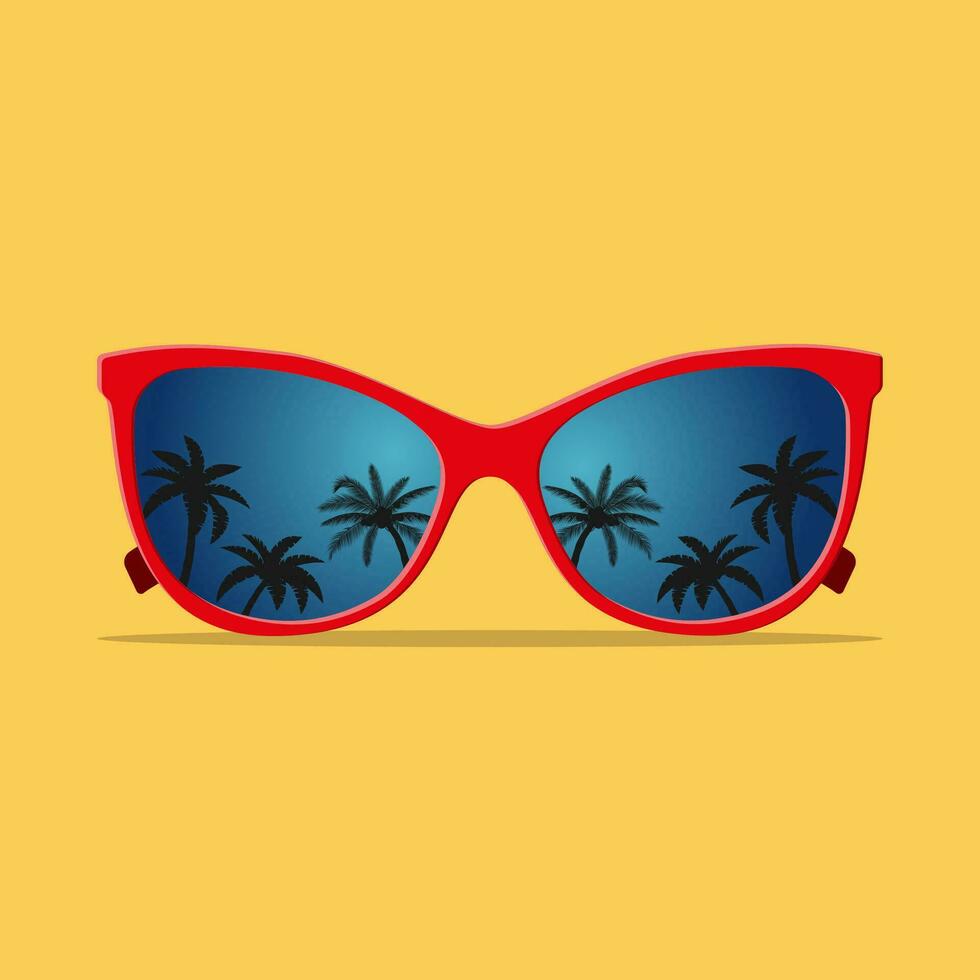 Modern sunglasses with palms reflection. Summer banner, poster, fresh, modern, advertisement. Vector illustration in flat style