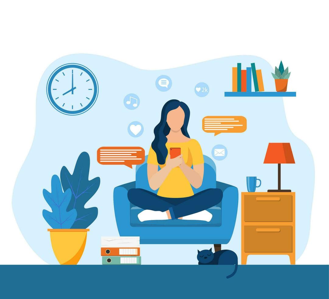 Young girls using phone, sitting legs crossed on chair at home. woman running remotely on freelance, job on smartphone, communicates through social networks. Vector illustration in flat style