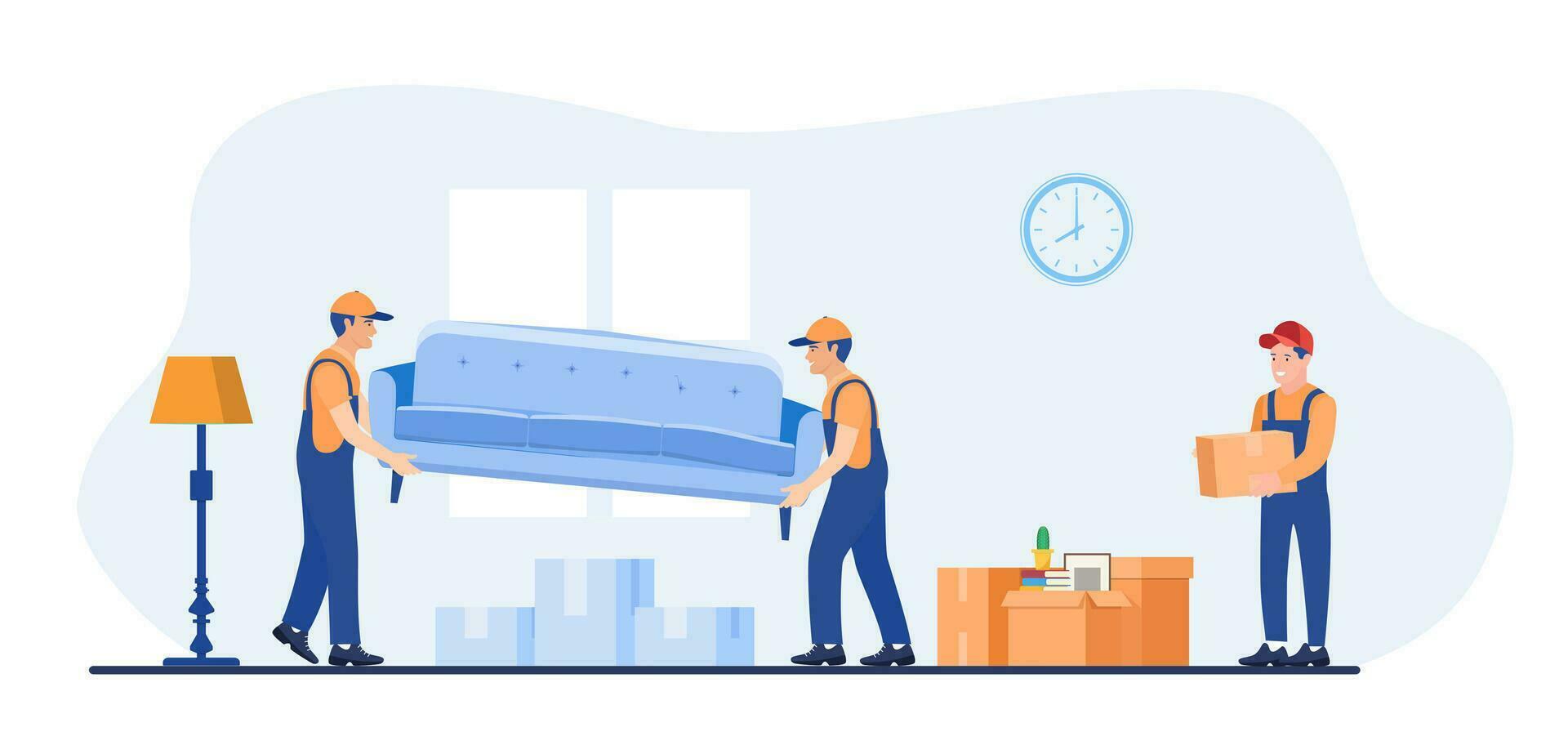 Concept moving house. Men in overalls taking boxes and furniture out of apartment. Moving with boxes to new home. Pile of stacked cardboard boxes. Vector illustration in flat style