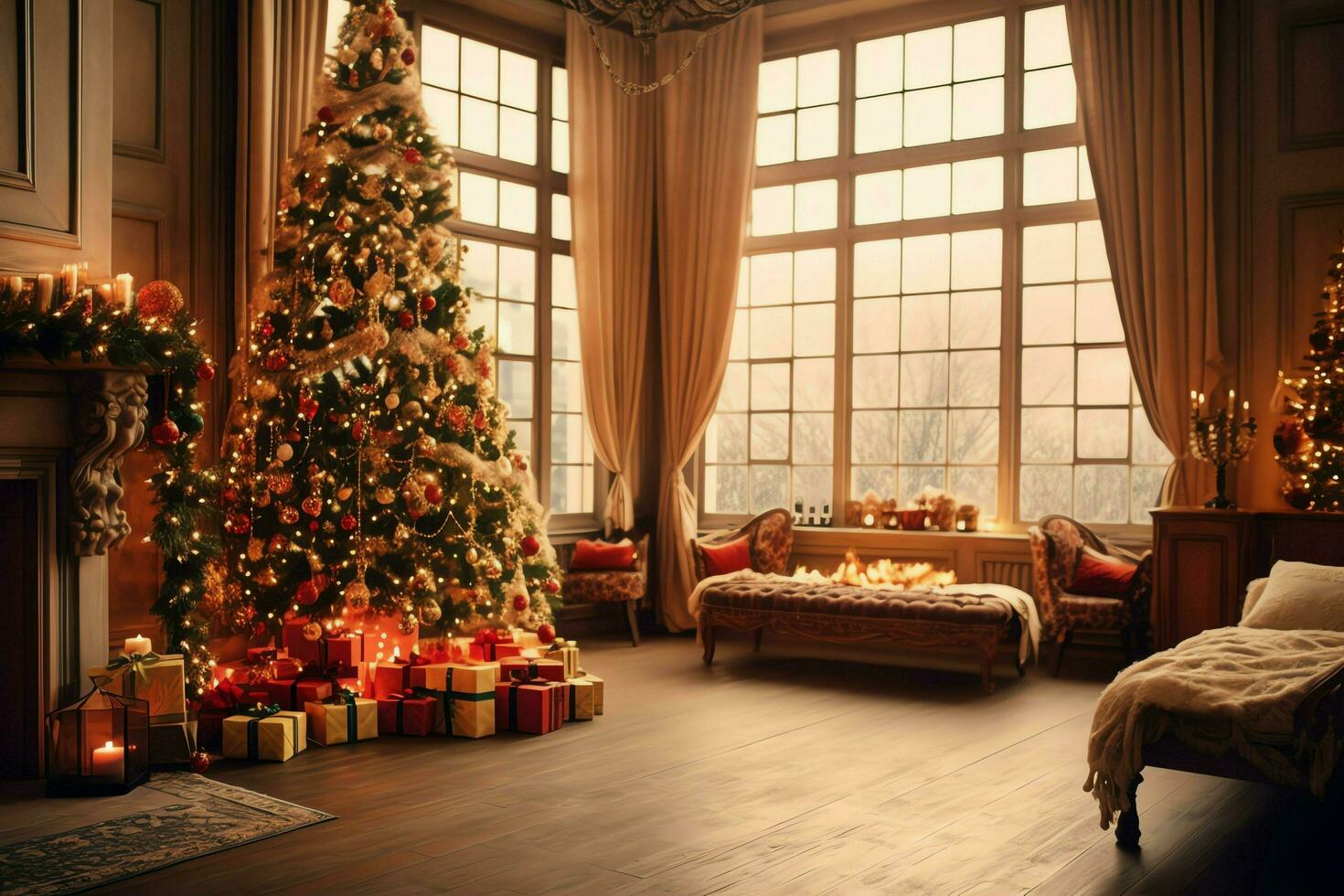 Cosy living room with beautiful christmas tree and red gifts in modern interior. Interior of living room decorated for merry christmas with socks, gift boxes and christmas accessories by AI Generated photo