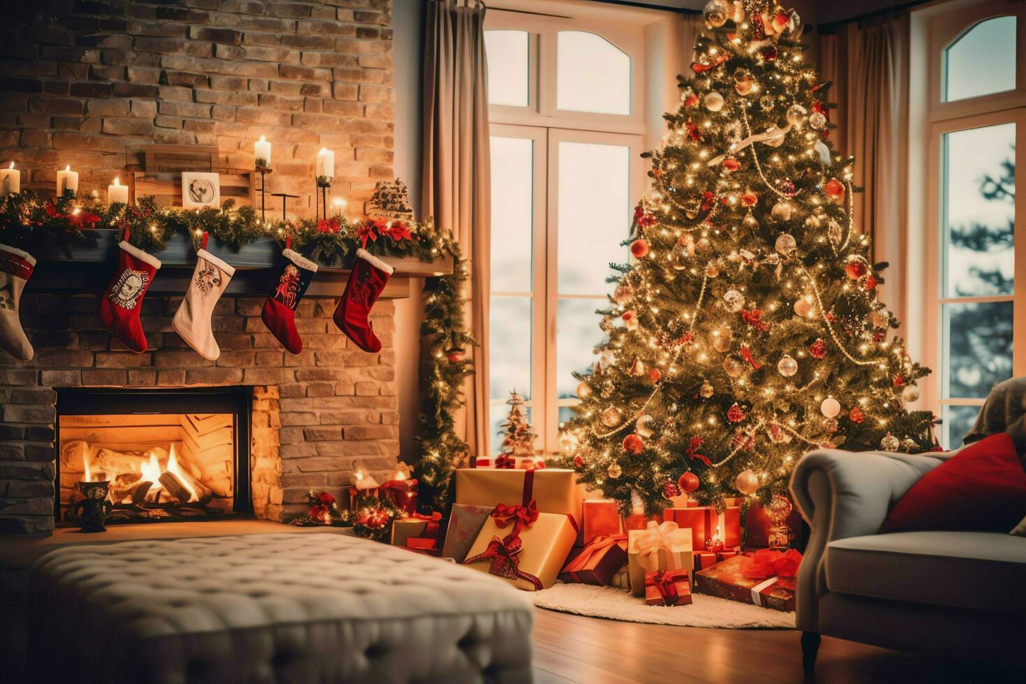 Cosy living room with beautiful christmas tree and red gifts in modern interior. Interior of living room decorated for merry christmas with socks, gift boxes and christmas accessories by AI Generated photo