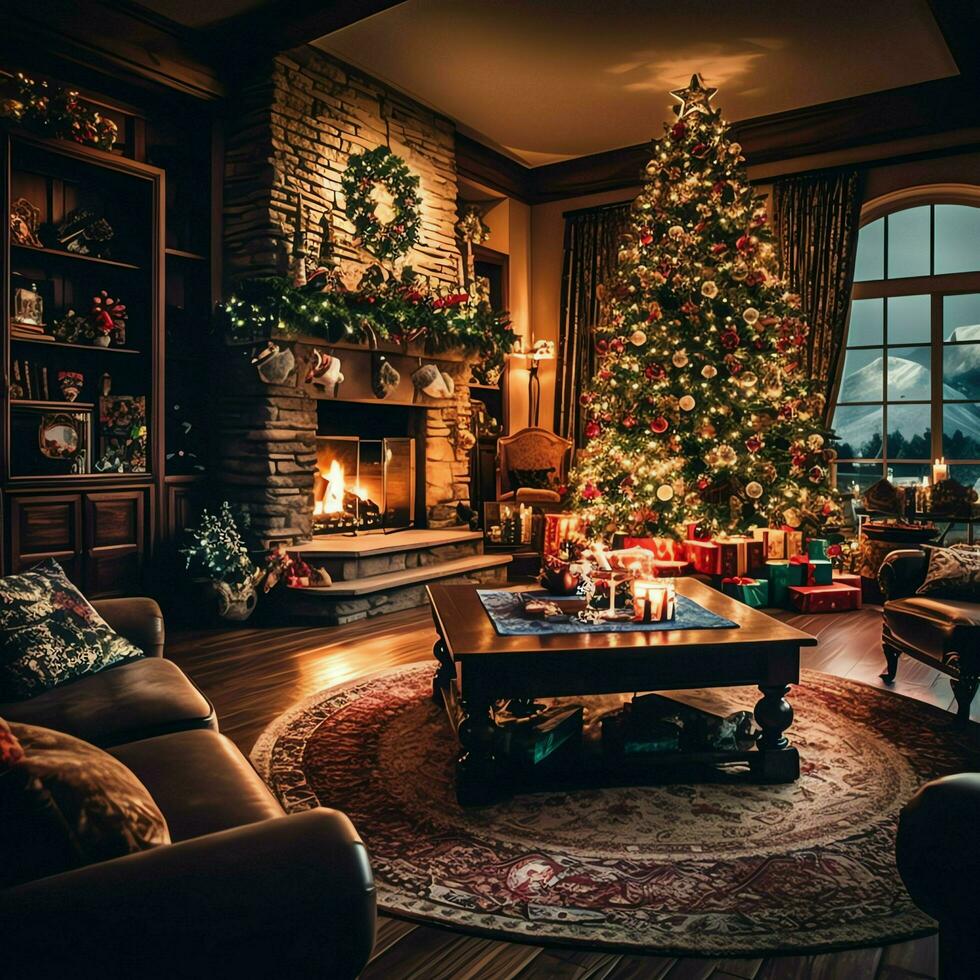 Cosy living room with beautiful christmas tree and red gifts in modern interior. Interior of living room decorated for merry christmas with socks, gift boxes and christmas accessories by AI Generated photo