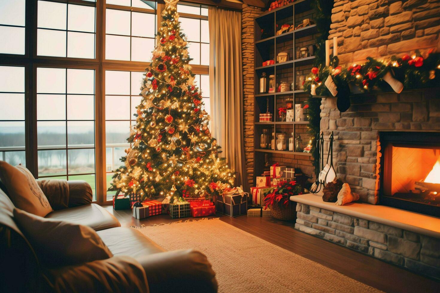 Cosy living room with beautiful christmas tree and red gifts in modern interior. Interior of living room decorated for merry christmas with socks, gift boxes and christmas accessories by AI Generated photo