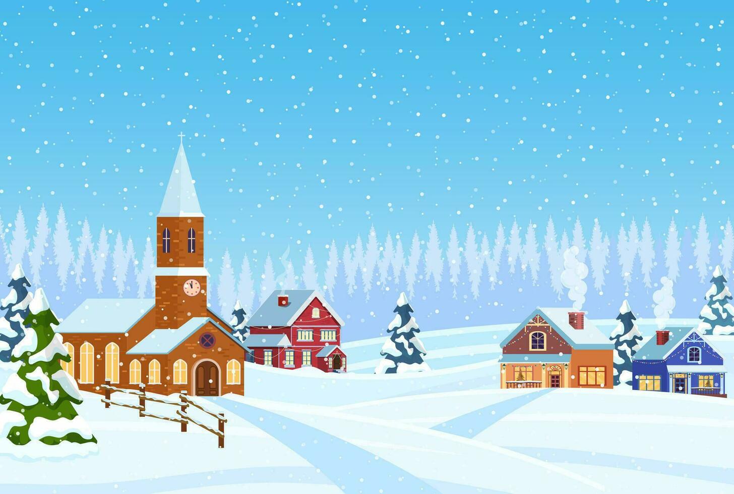 Suburban house covered snow. Building in holiday ornament. Christmas landscape tree. New year decoration. Merry christmas holiday xmas celebration. Vector illustration flat style