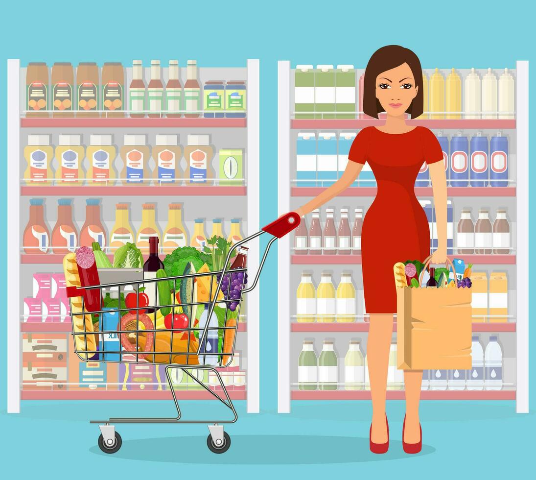 Woman shopping in supermarket. shopping cart. woman hold grocery paper shopping bag with food. Vector illustration in flat style