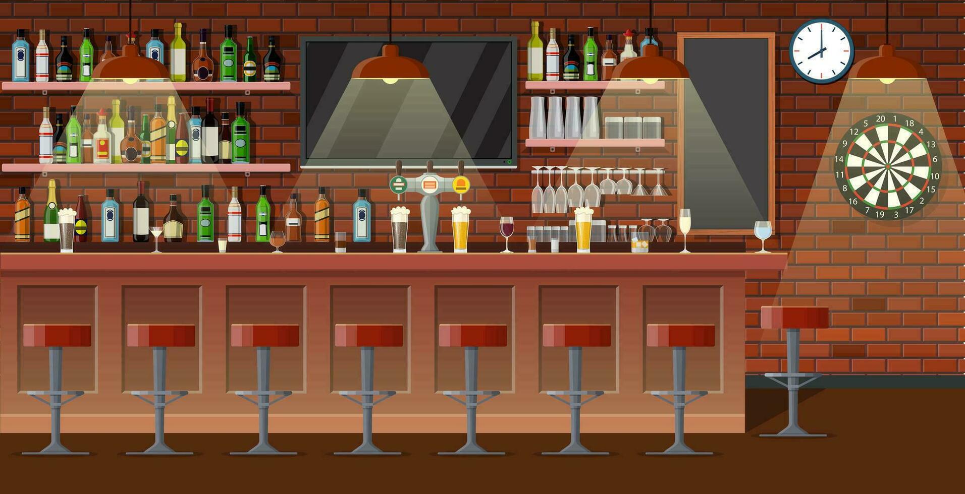 Drinking establishment. Interior of pub, cafe or bar. Bar counter, chairs and shelves with alcohol bottles. Glasses, tv, dart and lamp. Wooden decor. Vector illustration in flat style