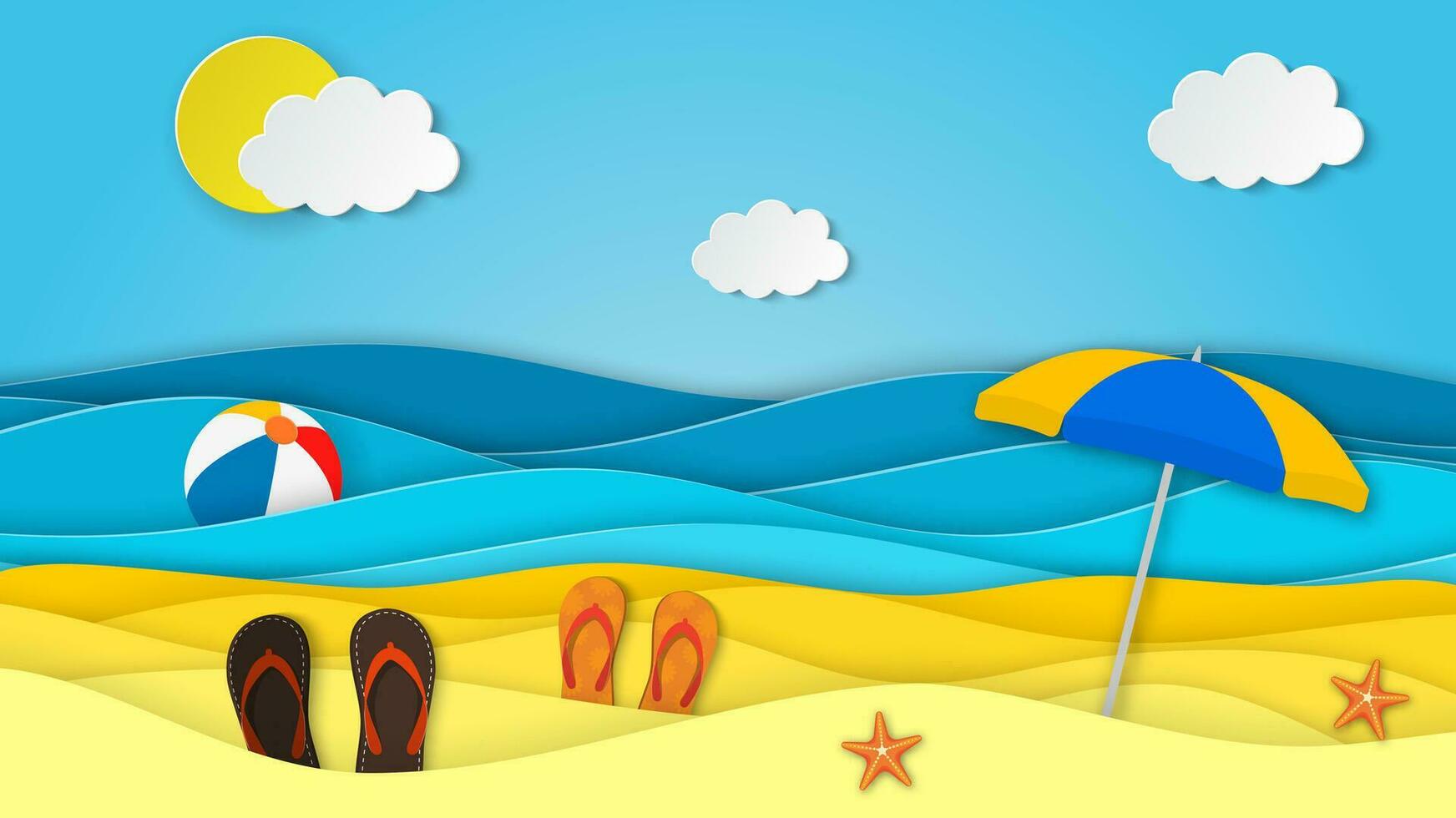 Sea landscape with beach, waves, clouds, Flipflops shoe. Paper cut out digital craft style. abstract blue sea and beach summer background with paper waves and seacoast. Vector illustration