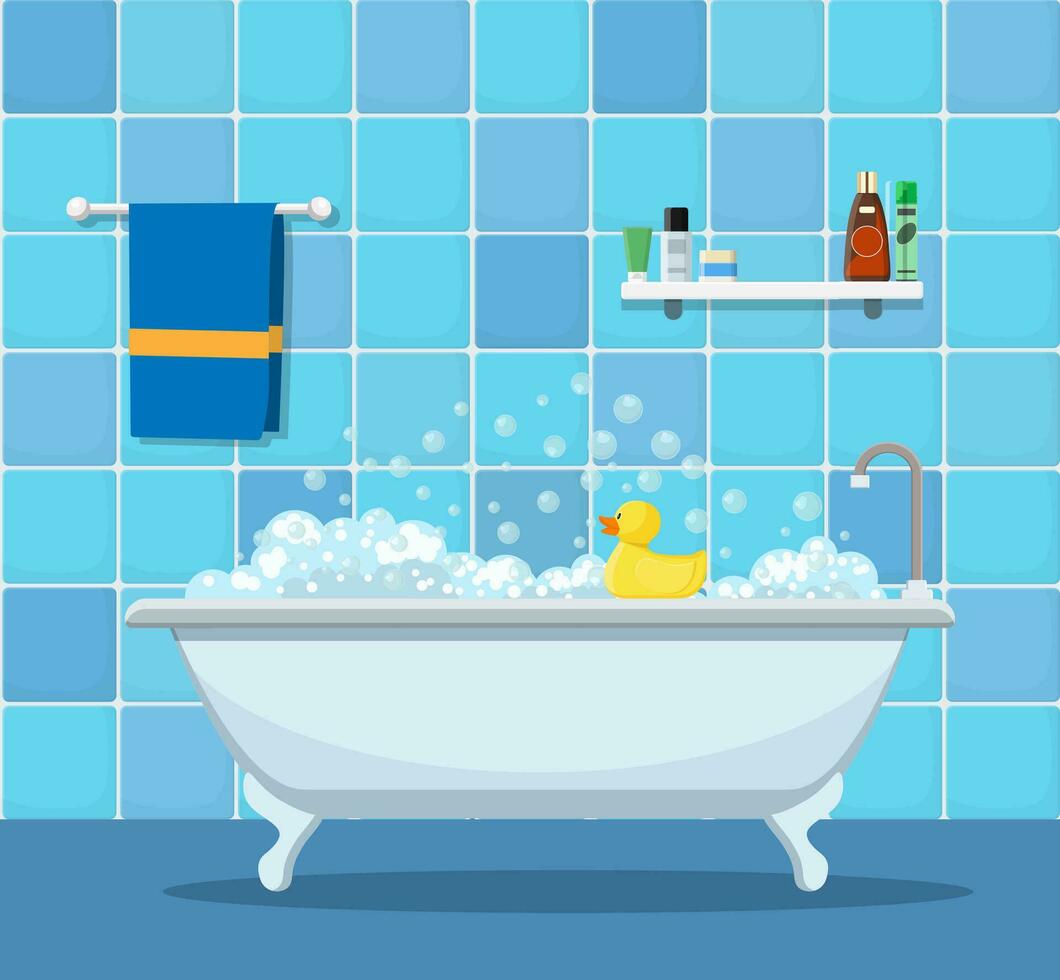 Bathtub with foam bubbles inside and bath yellow rubber duck. vector