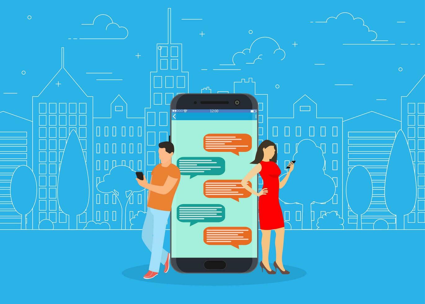 happy people use mobile smartphonefor chatting in social media, for, landing page, template, ui, web, mobile app, poster, banner, flyer. Vector illustration in flat style