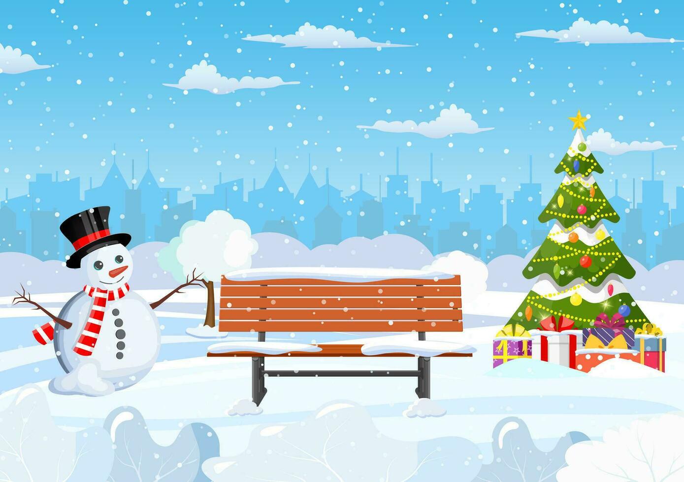 snowy winter city park with Christmas trees, bench, snowman and city skyline. Winter Christmas landscape for banner, poster, web. Vector illustration in flat style