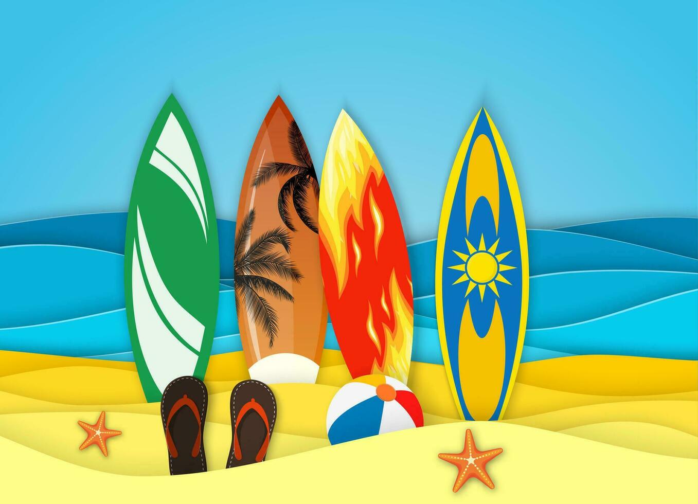 Sea landscape with beach, surfboard, waves, Flipflops shoe. Paper cut out digital craft style. abstract blue sea and beach summer background with paper waves and seacoast. Vector illustration