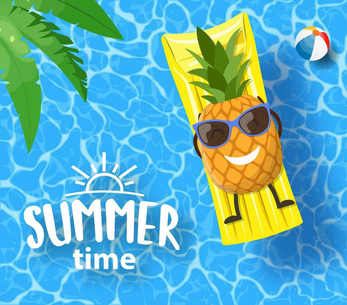 piña personaje acostado en colchón, terminado agua. fiesta antecedentes con piña y inscripción verano tiempo. verano vacaciones, felicidad, viajar, parte superior vista. vector ilustración en plano estilo