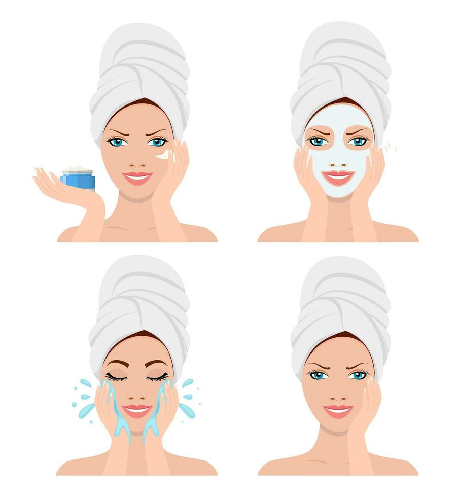 Beautiful woman in process showing four steps for washing face. SPA beauty and health concept. Vector illustration in flat style