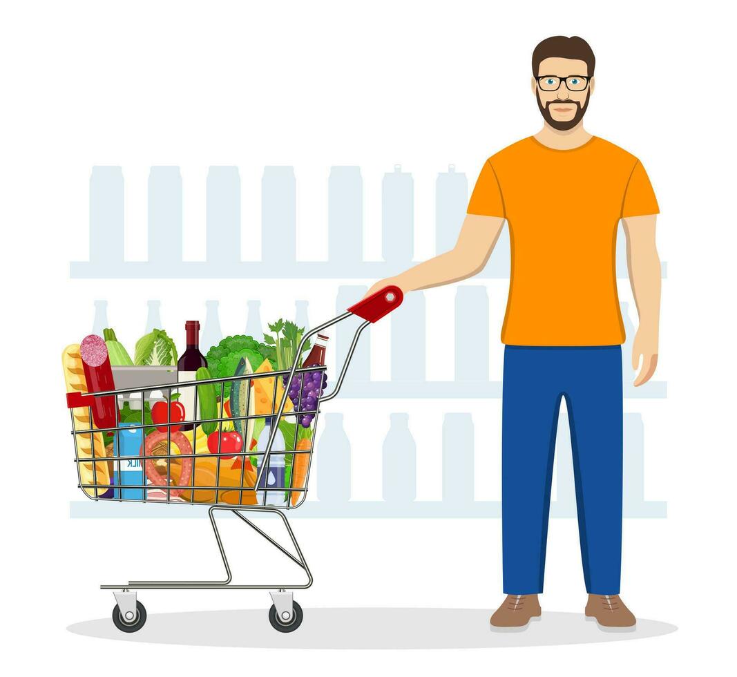 Young man pushing supermarket shopping cart full of groceries. Vector illustration in flat style