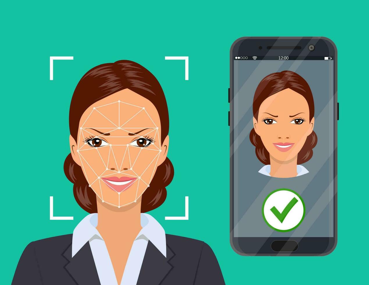 Face recognition , biometric security system concept. Face ID, mobile app. Phone with biometric identification woman face on the screen. Vector illustration in flat style